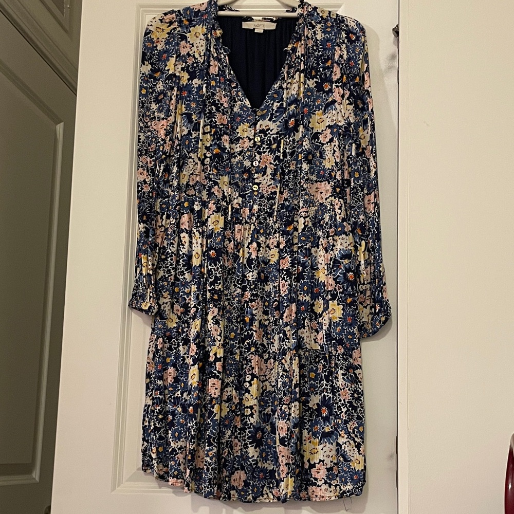 LOFT Tiered Floral Navy Dress